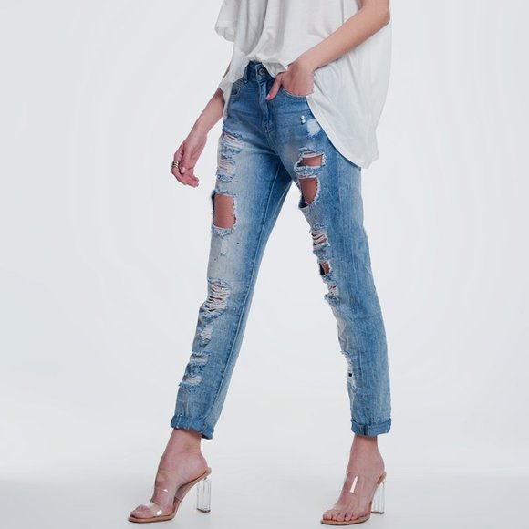 NWT Q2 Premium Distressed Boyfriend Jeans - Picture 3 of 8